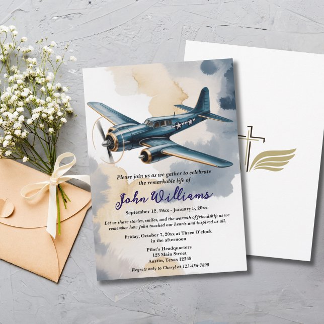 Convite Celebração Funeral de Memória de Vida Avião Azul (Criador carregado)