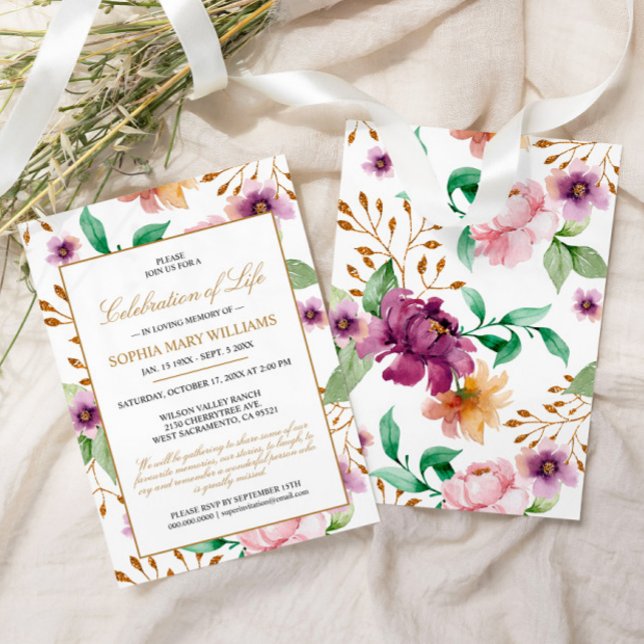 Convite Celebração Funeral de Rosa rosa e roxo da vida (Criador carregado)