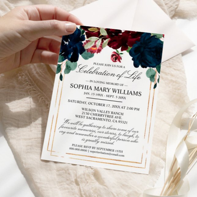 Convite Celebração Funeral do Rosa de marinho e Borgonha d (Criador carregado)
