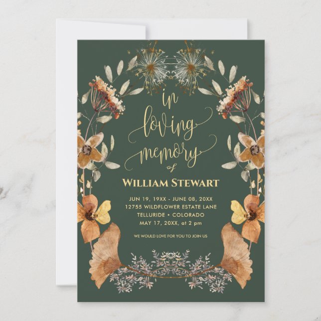 Convite Celebração Funeral Moderna da Vida Verde Escuro Bo (Frente)