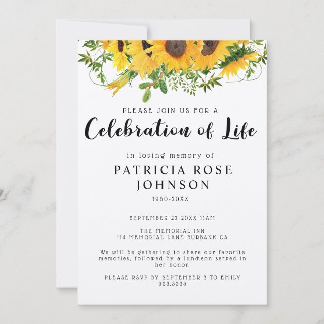 Convite Celebração Funeral Sunflower do Lançamento da Vida (Frente)