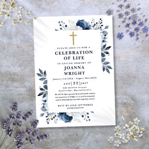 Convite Celebração Funerária Cristã Floral Azul da Celebra