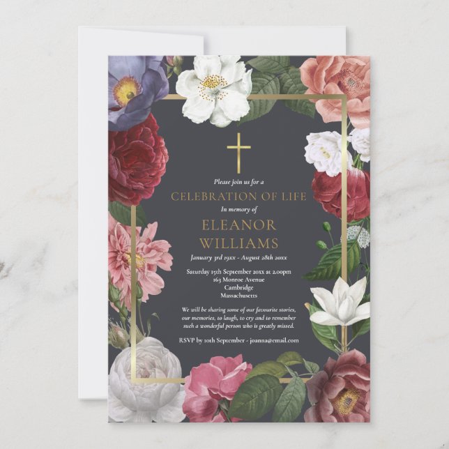 Convite Celebração Funerária de Vida Rosa Floral (Frente)