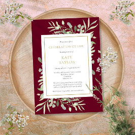 Convite Celebração Funerária de Vida Verde Burgundy