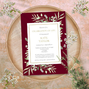 Convite Celebração Funerária de Vida Verde Burgundy