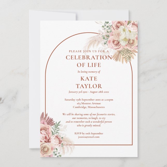 Convite Celebração Funerária do Floral de Grama Pampas de  (Frente)