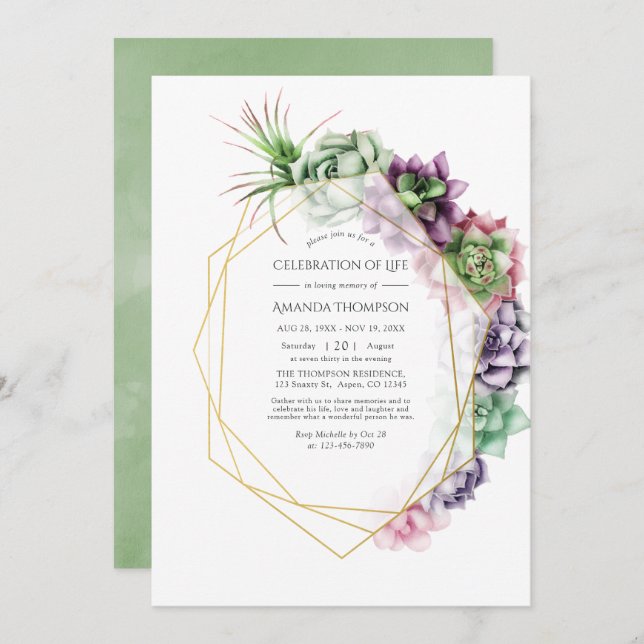 Convite Celebração Geométrica Suculenta de Aquarela da Vid (Frente/Verso)