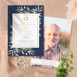 Convite Celebração Judaica da Vida Folhagem Azul-Marinho F