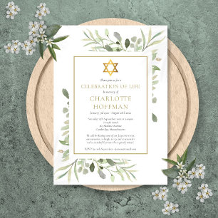 Convite Celebração Judaica da Vida Funeral Verde Dourado