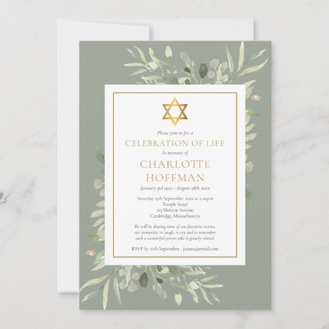 Convite Celebração Judaica de Vida Funeral Verdejante (Frente)