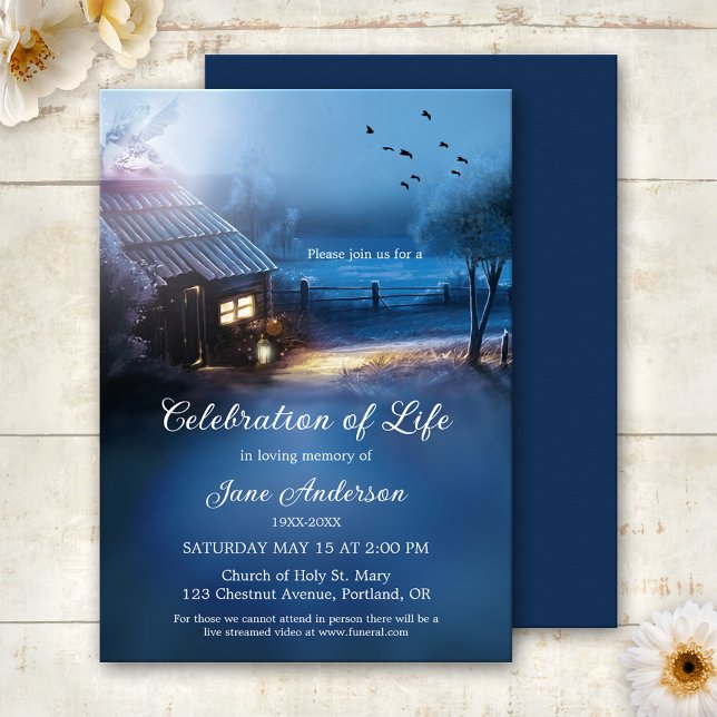 Convite Celebração Memorial Ilustrada da Vida (Memorial or celebration of life invitation featuring a country home with angel guidance light)