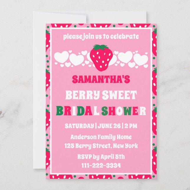 Convite Celebração Nupcial Doce de Morango Rosado (Frente)
