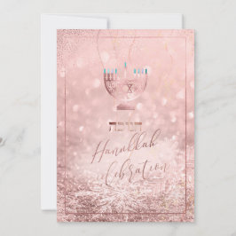 Convite Celebração PixDezines Hanukkah, neve Rosa Dourada