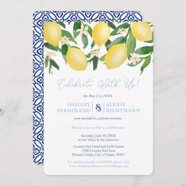 Convite Celebração Pós-Casamento Capri Lemons Blue Tiles (Frente/Verso)