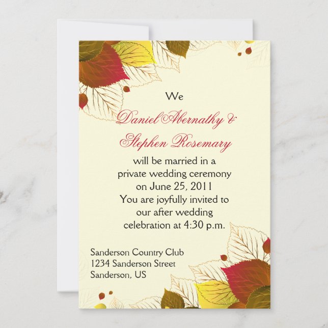 Convite Celebração Pós-Casamento Folhas de Outono (Frente)