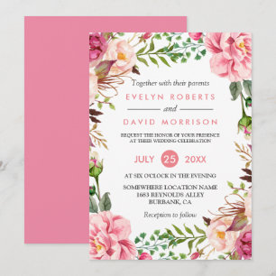 Convite Celebração Romântica De Casamento Floral Rosa B
