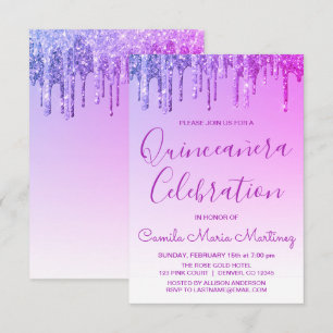 Convite Celebração roxa de Quinceanera do brilho da faí