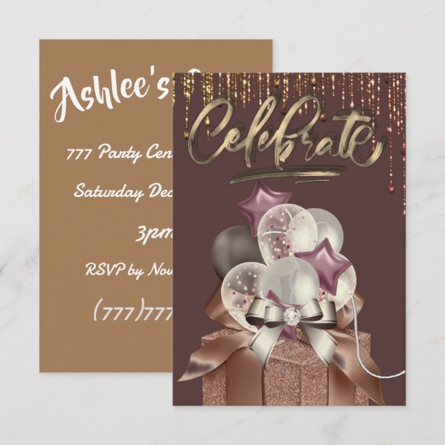 Convite Celebração Roxa e Dourada (Frente/Verso)