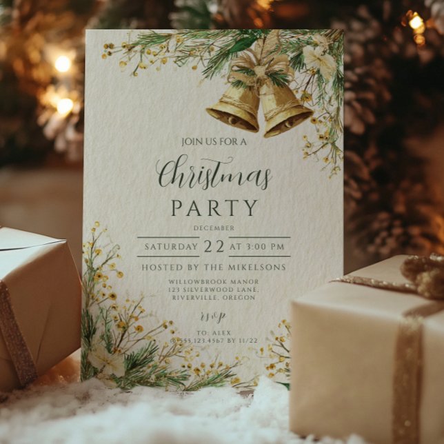 Convite Celebração Rústica de Natal com Sininhos Dourados (Criador carregado)