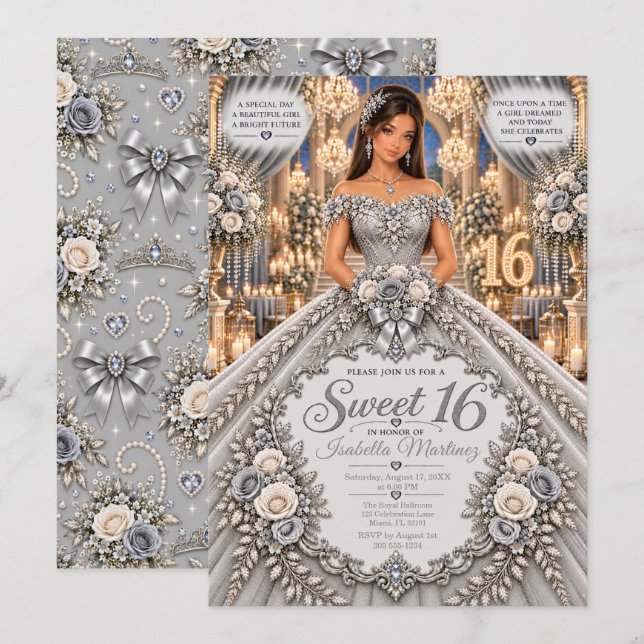 Convite Celebração Silver Sweet 16 (Frente/Verso)