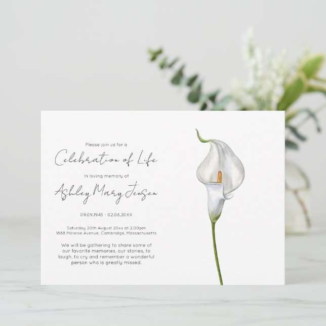 Convite Celebração Simples da Vida com Lírio-de-Calla Fune (Em pé/Frente)