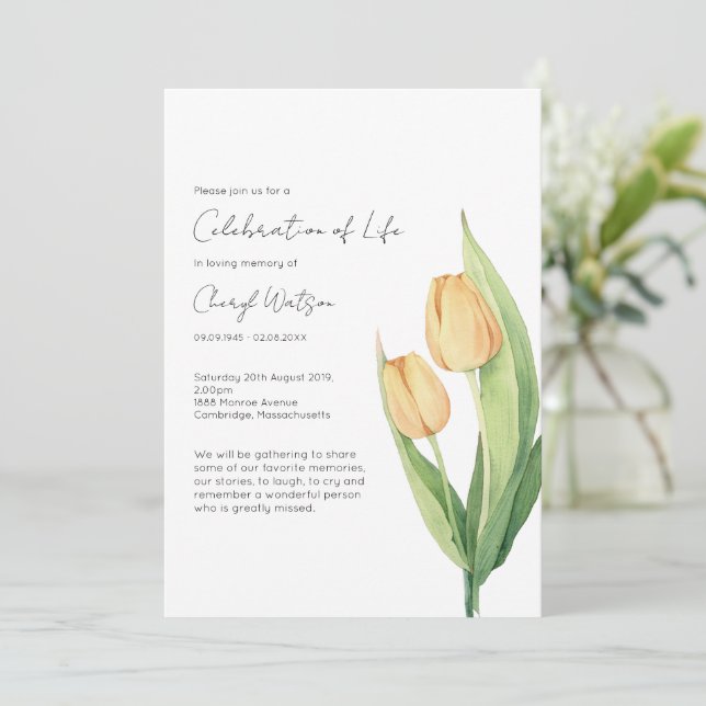 Convite Celebração Simples de Tulipa da Vida Funeral (Em pé/Frente)