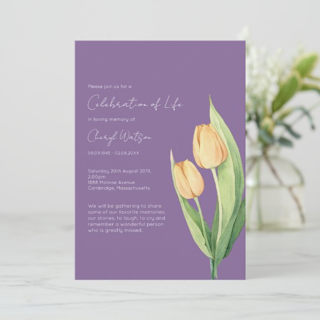 Convite Celebração Simples de Tulipas da Vida Funeral (Em pé/Frente)