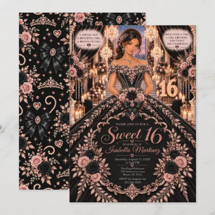 Convite Celebração Sweet 16 em Preto e Dourado Rosa