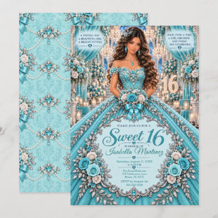 Convite Celebração Turquesa Prata Sweet 16