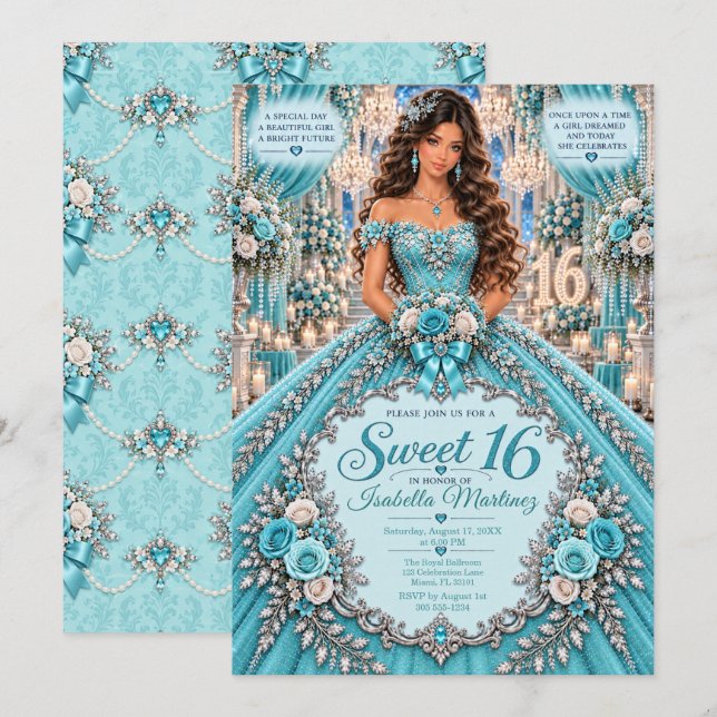 Convite Celebração Turquesa Prata Sweet 16 (Frente/Verso)
