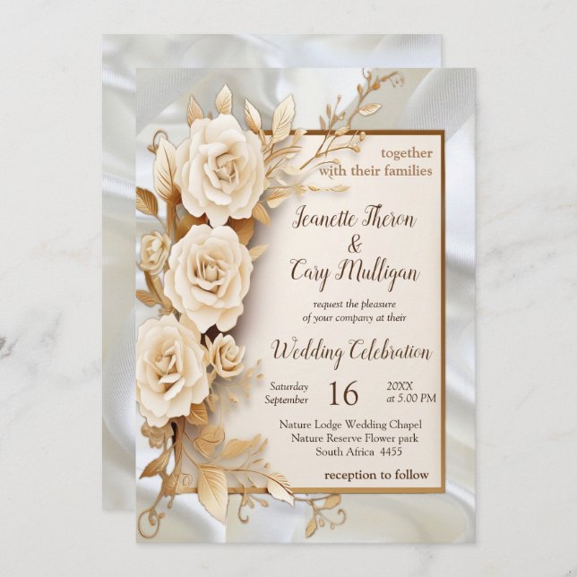 Convite Celebrações com Flores Brancas e Pérolas na seda (Frente/Verso)