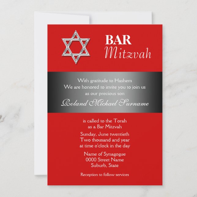 Convite Celebrações da bar vermelha mitzvah (Frente)