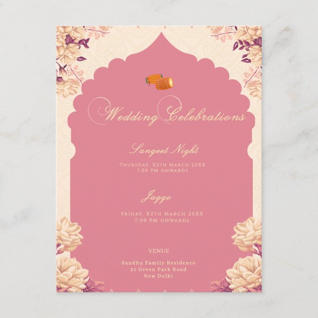 Convite Celebrações de Casamento | Sikh Sangeet & Jaggo (Frente)