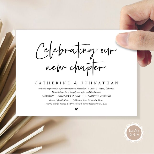 Convite Celebrando Nosso Novo Capítulo, Elopement Brunch (Celebrating Our New Chapter, Elopement Brunch/ Dinner / Party Invitation Card, in Black and White)