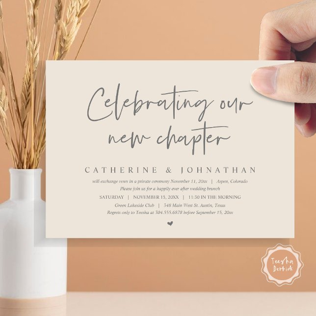 Convite Celebrando Nosso Novo Capítulo, Elopement Brunch (Celebrating Our New Chapter, Elopement Brunch/ Dinner / Party Invitation Card, in Grey Cream)