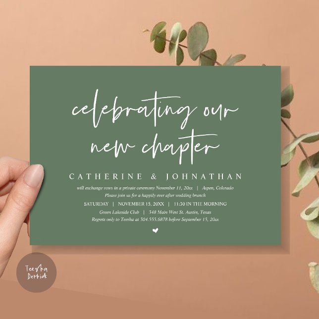 Convite Celebrando Nosso Novo Capítulo, Elopement Brunch (Celebrating Our New Chapter, Wedding Elopement Brunch Invitation Card, PDF, in Sage Green)