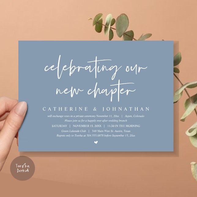 Convite Celebrando Nosso Novo Capítulo, Elopement Brunch (Celebrating Our New Chapter, Wedding Elopement Brunch Invitation Card, PDF, in Dusty Blue)