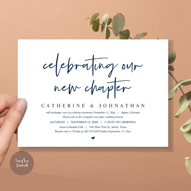 Convite Celebrando Nosso Novo Capítulo, Elopement Brunch (Celebrating Our New Chapter, Wedding Elopement Brunch Invitation Card, PDF, in Navy Blue)