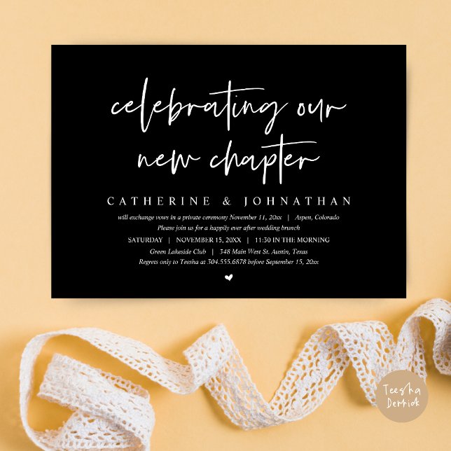 Convite Celebrando Nosso Novo Capítulo, Elopement Brunch (Celebrating Our New Chapter, Wedding Elopement Brunch Invitation Card, PDF, in Classy Black)