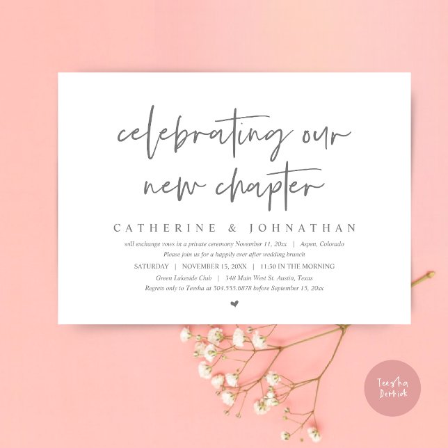 Convite Celebrando Nosso Novo Capítulo, Elopement Brunch (Celebrating Our New Chapter, Wedding Elopement Brunch Invitation Card, PDF, in Dark Grey)