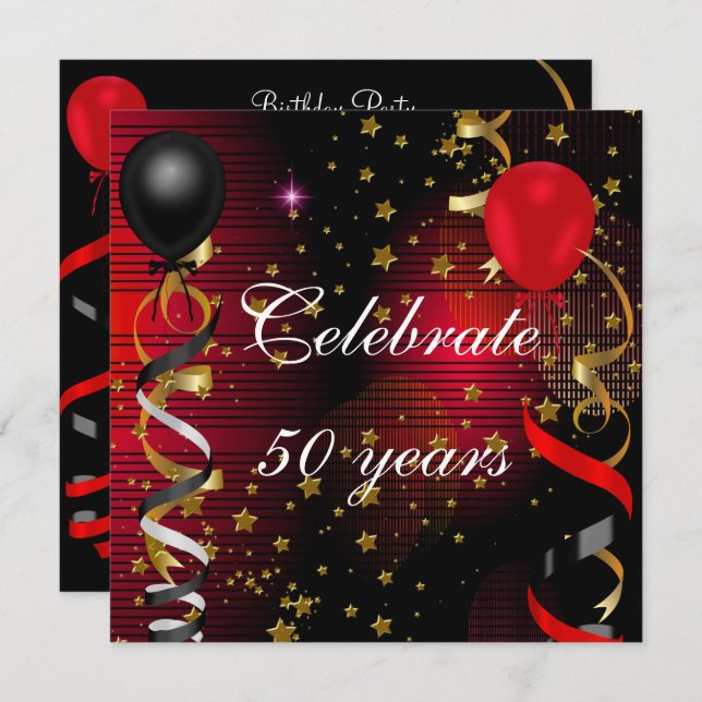 Convite Celebrar 50 50ª Estrelas Vermelhas Pretas Festas d (Frente/Verso)