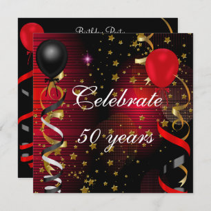 Convite Celebrar 50 50ª Estrelas Vermelhas Pretas Festas d