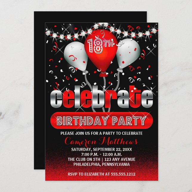 Convite Celebrar Balões Confetti 18ª Festa de aniversário (Frente/Verso)