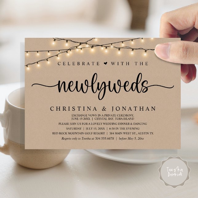 Convite Celebrar Com O Janto De Casamento Russo De Newlywe (Celebrate With The Newlyweds Rustic Wedding Dinner Invitation Card, PDF, String Lights Brown Kraft)