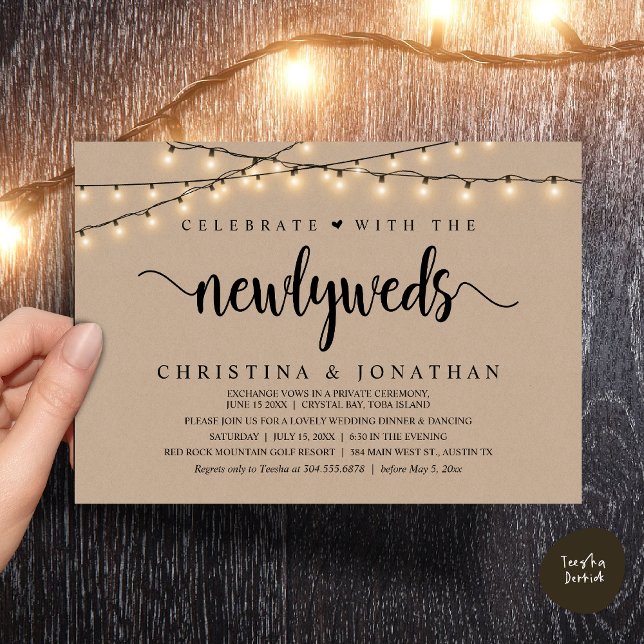 Convite Celebrar Com O Janto De Casamento Russo De Newlywe (Celebrate With The Newlyweds Rustic Wedding Dinner Invitation Card, PDF, String Lights Brown Kraft)