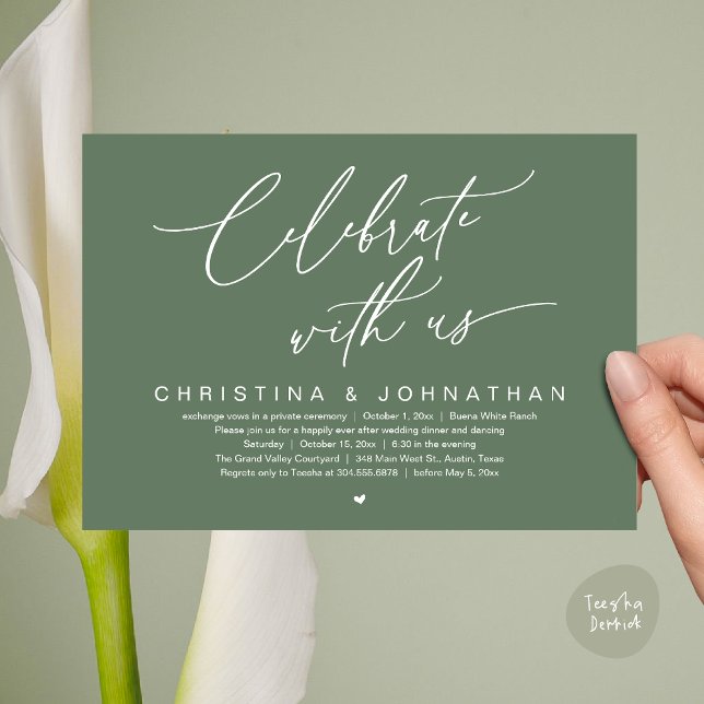 Convite Celebrar Com O Partido Janto Do Elopemento De Casa (Celebrate With Us Romantic Wedding Elopement Dinner Brunch Lunch Party Invites Card PDF Sage Green)
