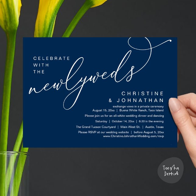 Convite Celebrar com os Newlyweds, Casamento Romântico (Celebrate with the Newlyweds, Modern Romantic Wedding Dinner Party Invitation Card PDF Navy Blue)