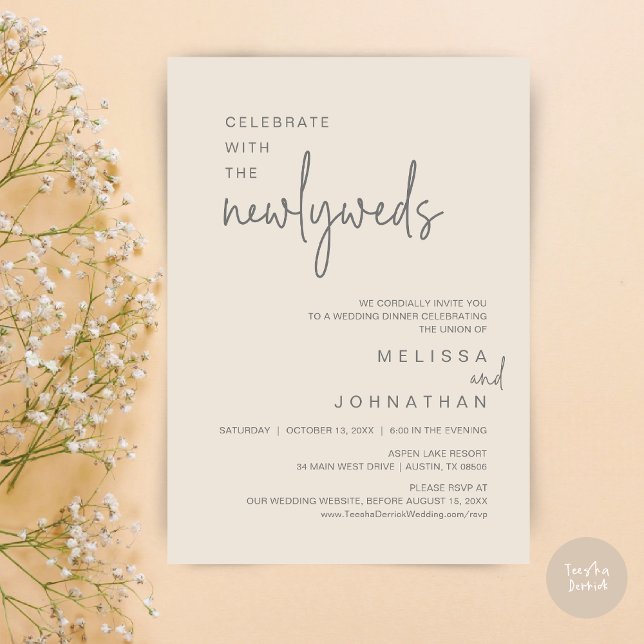 Convite Celebrar Com Os Novos Casos, Janto De Casamento (Celebrate With The Newlyweds, Wedding Dinner Dancing Invitation Card, PDF, in Cream and Dark Grey)