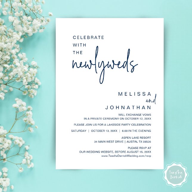 Convite Celebrar Com Os Novos Casos, Janto De Casamento (Celebrate With The Newlyweds, Wedding Dinner Invitation Card, PDF, Elopement, in Navy Blue)