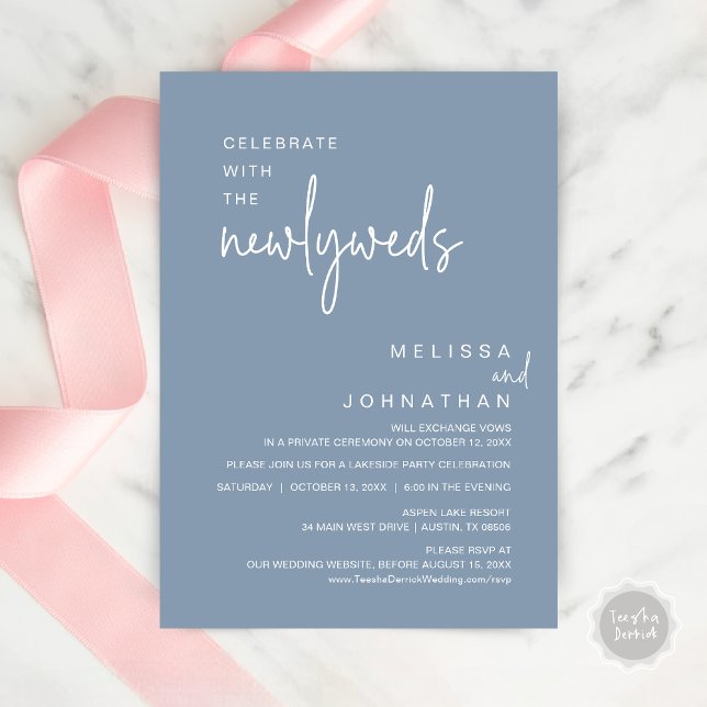 Convite Celebrar Com Os Novos Casos, Janto De Casamento (Celebrate with the newlyweds, Modern wedding elopement dinner invitation card, PDF, in dusty blue)